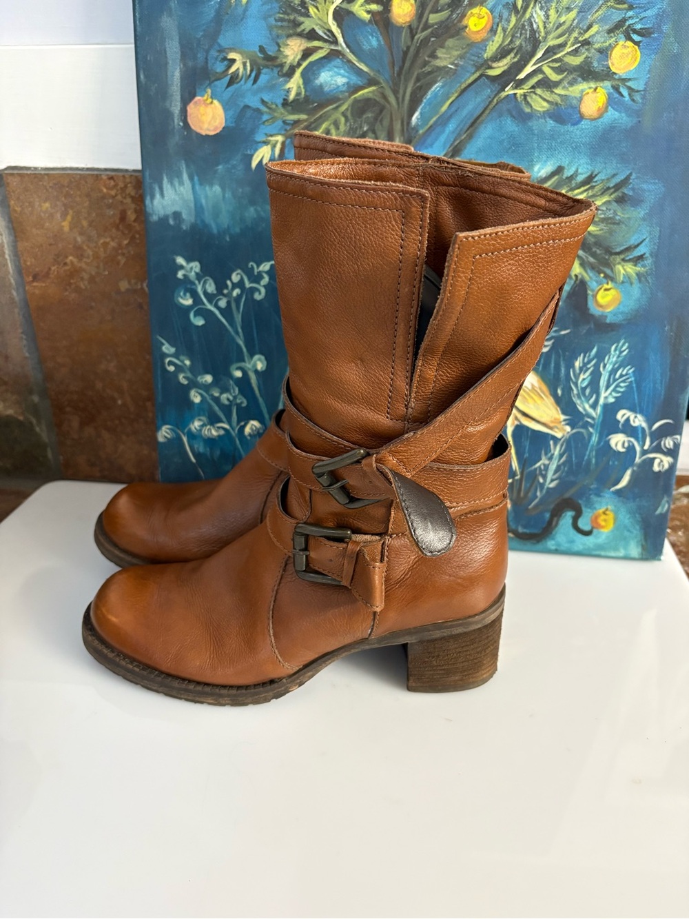 Dune London Tan Leather Mid-Calf Buckle Heeled Boots